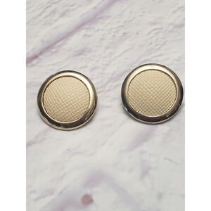 VINTAGE 1970s Large Pierced Earrings Linen-Look Gold & Cream